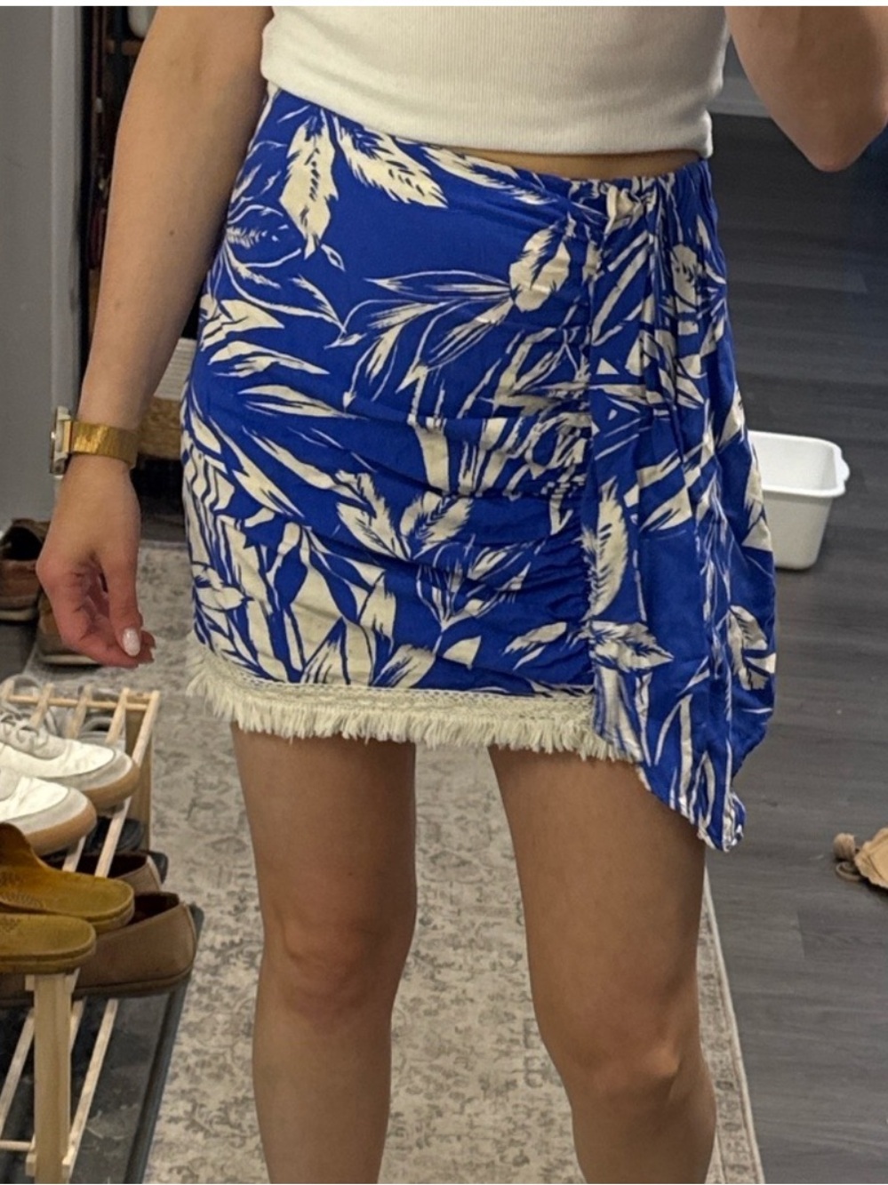 Zara Royal Blue Tropical Wrap Mini Skirt with Fringe